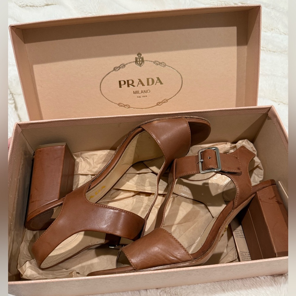 Prada Brown Leather T Strap Sandal Heels